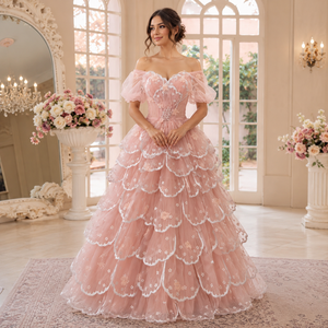 Women's Blush Pink Sweetheart Neckline Off-Shoulder Ball Gown Short Layered Chiffon <b>Skirt</b> Chapel Train Candy Color Pleat - Product Image 3