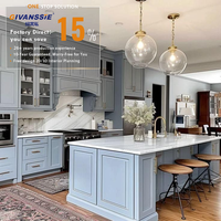 Meubles de cuisine modulaires GIVANSSIE personnalisés, écologiques, résistants à l'eau, style ferme américaine, bleu clair, chêne massif, avec îlot