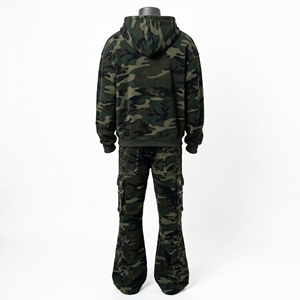 <b>Mens</b> <b>Camo</b> Tracksuit Set Hoodie <b>Cargo</b> Pants Rhinestone Leaf Detail Custom Streetwear Sportswear Matching Outfit - Product Image 2