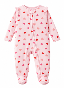 Combinaison de nuit à volants pour bébé fille, en coton respirant, avec fermeture éclair bidirectionnelle et imprimé cœur - Product Image 1