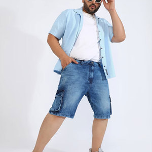 BRANIS SPORTS Short cargo pour homme en coton délavé noir, taille haute, braguette boutonnée, décontracté, style bermuda, avec poches, respirant, tricoté - Product Image 4