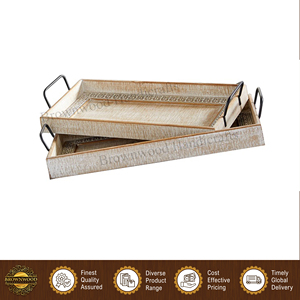 Good Quality Restaurant & Hotel Supplies Hand Carved Mango Wood Serving <b>Tray</b> <b>with</b> Metal <b>Handles</b> Set of 2 from Indian Exporter - Product Image 3