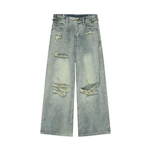 Jeans vintage déchirés à jambe large pour hommes, coupe ample, en denim vieilli, avec rivets, style streetwear hip-hop, vente en gros - Product Image 5