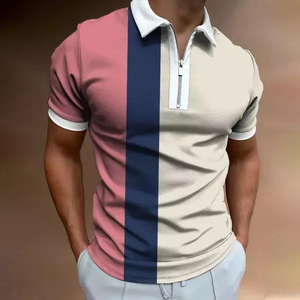 Men's Geometric Color Blocked Zipper <b>Polo</b> Shirt Short Sleeve Knitted Sporty Style Regular Fit Black <b>White</b> Design - Product Image 4