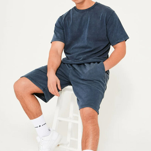 High quality Wholesale <b>Knitted</b> Breathable Acid washed Casual Men's Short Sleeve T-Shirt and Shorts <b>Set</b> New Arrival - Product Image 4