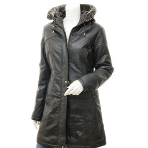 Custom Oem <b>Women's</b> Genuine <b>Leather</b> <b>Long</b> Coat With Fur Trim Hood Quilted Winter <b>Jacket</b> Full Sleeve Zipper Closure Moto Style - Product Image 2