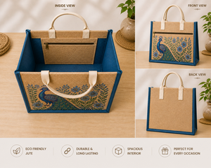 custom laminated jute tote <b>bag</b> <b>peacock</b> print eco friendly reusable shopping <b>bag</b> zipper pocket cotton handle wholesale - Product Image 4