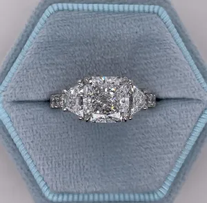 <b>Cushion</b> Cut Moissanite Engagement Ring Three Stone 925 Sterling Silver White Gold Plated Bridal Ring <b>for</b> Women - Product Image 3