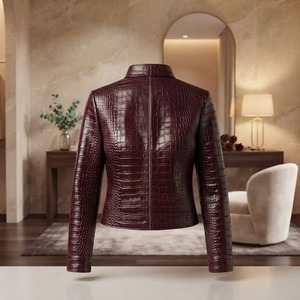 <b>Burgundy</b> Crocodile Embossed Genuine <b>Leather</b> Moto <b>Jacket</b> Women's Stand Collar Full Sleeve Short Zipper Closure Autumn Style - Product Image 5
