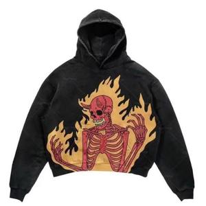 Sudadera con Capucha Negra para Hombre, Estampado de Calavera y Llamas, Algodón, Estilo Otoñal, Manga Regular, Logotipo Tejido en la Espalda - Product Image 1