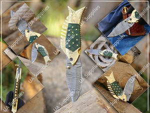 Cuchillo de Bolsillo EDC Multifuncional de Acero de Damasco con Mango de Madera y Latón, Personalizable al por Mayor OEM/ODM, para Camping y Caza - Product Image 2