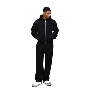 Ensemble de survêtement pour homme, sweat à capuche noir uni surdimensionné à fermeture éclair intégrale et pantalon large assorti, vêtements en gros OEM ODM - Product Image 1