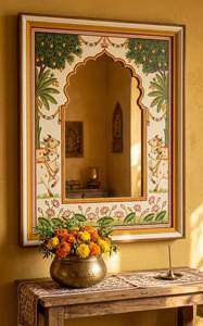 Miroir décoratif suspendu en forme d'arche en MDF peint à la main, épaisseur 5 mm, style Art déco ethnique floral, pour la rentrée scolaire - Product Image 2
