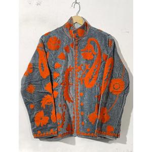 Stand Handmade <b>Velvet</b> Breathable Jacket Full Sleeve Hand Embroidered Floral Pattern Orange Cotton <b>Women's</b> <b>Coat</b> Autumn Winter - Product Image 1