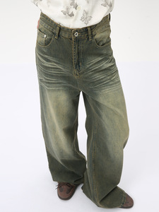 Jeans de Moda Americanos Vintage de Algodón Verde con Lavado Ácido, Pierna Ancha, Efecto Desgastado, Estilo Carpenter, Holgados y de Diseñador - Product Image 6