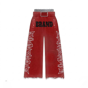 Ensemble de survêtement personnalisé avec strass, sweat-shirt gris à capuche et fermeture éclair, pantalon évasé rouge, imprimé pailleté, streetwear unisexe, hiver - Product Image 6