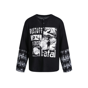 Men's Black <b>Long</b> Sleeve Knitted T-<b>Shirt</b> Graphic Print Contrast Tie-Dye Cuff Street Style Crew Neck <b>Tee</b> - Product Image 2