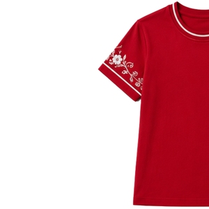 เสื้อยืดคอกลมผ้าฝ้ายปักลายดอกไม้สีขาวสำหรับผู้หญิงสีแดงแบบกำหนดเอง แขนสั้น สไตล์ลำลอง ผลิตตามสั่ง OEM คุณภาพพรีเมียม แฟชั่นฤดูร้อน - Product Image 3