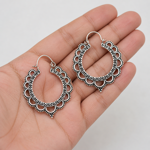 Sterling <b>Silver</b> Tribal <b>Hoop</b> <b>Earrings</b> For Women Handmade Oxidized Boho Jewelry Lightweight Festival Style Ethnic Dangle Design - Product Image 3