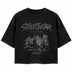 Camiseta Extra Grande Personalizada para Hombre, Camiseta Gráfica de Algodón Estilo Urbano, Camiseta Corta Negra con Lavado Desgastado Vintage, Moda Casual Hip Hop - Product Image 1