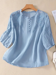 Loose Women's Summer <b>Tops</b> Casual Shortsleeved Large Size Shirts with Embroidery Breathable Shirts for Women - Product Image 2