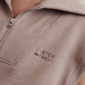 Women's Beige <b>2</b> <b>Piece</b> Shorts <b>Set</b> Loose Fit Turn-down Collar Zipper <b>Top</b> - Product Image 6
