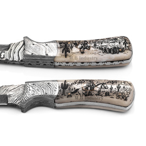 Cuchillo de caza hecho a mano de acero de Damasco Desert Rider con mango grabado a láser, hoja de espiga completa, punta de clip, 19 cm, funda de cuero de vaca original - Product Image 5