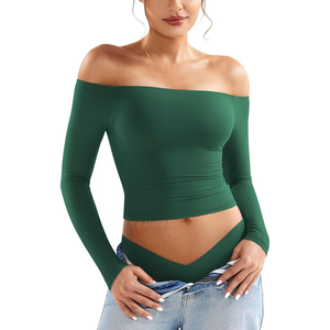 Women Off The Shoulder <b>Long</b> <b>Sleeve</b> <b>Crop</b> Top Solid Color Seamless Full <b>Sleeve</b> Green Yoga Top - Product Image 1