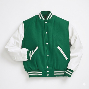 Veste universitaire verte pour homme avec logo personnalisé, en laine, manches en cuir crème, fermeture à boutons-pression, col côtelé, fabricant en gros - Product Image 3