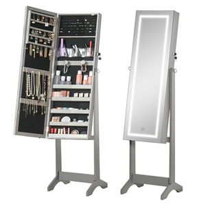 Armadietto Portagioie Grigio con Serratura, Specchio a Figura Intera e 4 Angoli Regolabili - Organizzatore da Terra - Product Image 1