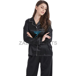 Pijamas de Satén para Mujer, Diseño Personalizado, Poliéster/Algodón, Suaves y Transpirables, Cierre con Cordón, Mangas Largas, Ropa de Dormir de 2 Piezas - Product Image 3