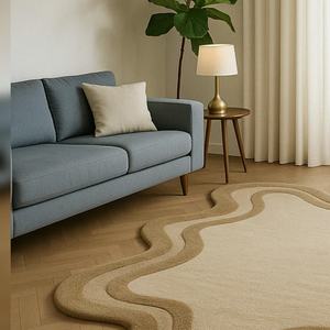 Handmade Retro Modern Boho Wool Rug Wavy white <b>Carpet</b> with Irregular Shape Custom Floor Art for Home Living Room Washable - Product Image 2
