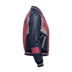 Pink Navy <b>Women</b> Genuine Leather <b>Bomber</b> <b>Varsity</b> <b>Jacket</b> Custom Sleeve Stripe Ribbed Trim OEM Factory Offer Service Provider - Product Image 3