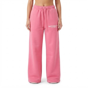 <b>Pink</b> Wide Leg Sweatpants Relaxed Fit Drawstring Lounge Pants Front Logo Print Casual Streetwear <b>Trousers</b> - Product Image 1