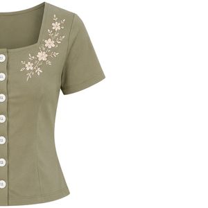 Olive Green Women Two Piece Shorts Set Square Neck Button Crop <b>Top</b> White Floral Embroidery Casual Summer Cotton Lounge Wear - Product Image 4