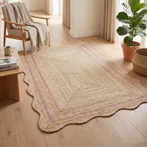 Blush Pink Rectangular Braided Jute Living Room Rug with Decorative Scalloped Edge - Product Image 1