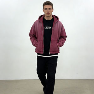Sudadera con capucha informal de estilo urbano para hombre, de forro polar suave lavado, color burdeos, con cremallera y ribete desgastado, de corte oversize y a la moda. - Product Image 6