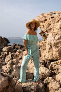 จั๊มสูทผู้หญิงแบบเปิดไหล่ แต่งระบาย ขากว้าง แขนกุด ทรงหลวม สไตล์โบโฮ ลำลอง ใส่สบายสำหรับฤดูร้อน - Product Image 5