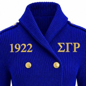 Chaqueta de punto premium con letras griegas bordadas Sigma Gamma Rho, estilo cárdigan cruzado, elegante con botones frontales para hermandad - Product Image 2