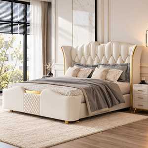 Modern Upholstered Platform <b>Bed</b> <b>with</b> Fluted Headboard Gold Accent Designer Bedroom Furniture Set Ivory Cream King <b>Queen</b> <b>Bed</b> - Product Image 6