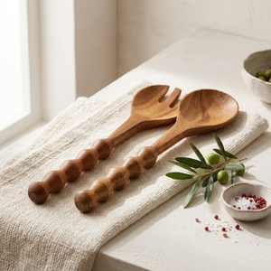 Handcrafted Wood Salad Server Set Premium Twisted Spiral Handle Wooden Salad <b>Tongs</b> Eco-Friendly Sustainable Hand-Carved <b>Serving</b> - Product Image 5
