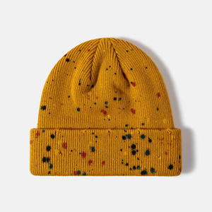 Unisex Speckled Knit Beanie Hat 100% Acrylic Cuffed <b>Winter</b> <b>Cap</b> Casual Style for Adults Black Yellow White Dot Pattern - Product Image 6