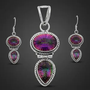 Gorgeous Mystic Topaz Sterling Silver Jewelry Set With Elegant Pendant Earrings Pretty Multicolor Gemstone Design For Women - Product Image 3