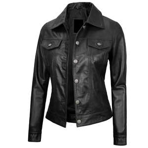 Women's Black Genuine Leather Motorcycle <b>Jacket</b> Full Sleeve Turn-down Collar Button Closure Autumn Style - Product Image 6