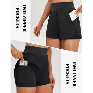 Shorts de sport classiques noirs 2 en 1 pour femmes, en polyester, taille haute, avec poche pour téléphone, bas de sport athlétiques - Product Image 3