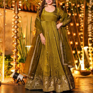 Vestido Anarkali de seda gruesa y texturizada con bordado de lentejuelas, vestido maxi de fiesta, sin arrugas y reversible - Product Image 1