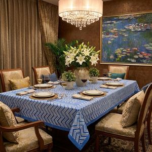Chevron Blue Hand Block Printed <b>Tablecloth</b> 180x270cm Handmade Designer 100% Cotton Dining Table Cover Home Decor Style - Product Image 2
