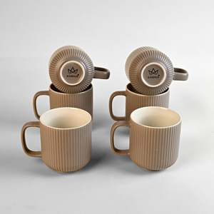 Earth Tone Ribbed New Bone China Mug <b>Set</b> of 6 Glazed Ceramic Mugs <b>Microwave</b> Safe Logo Pattern - Product Image 4