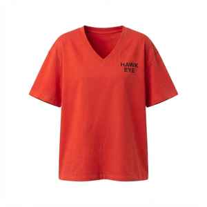 <b>Women's</b> Red <b>V</b>-<b>Neck</b> Short Sleeve <b>T</b>-<b>Shirt</b> Loose Fit 100% Cotton Casual Jersey Print Logo Top Spring Summer - Product Image 6