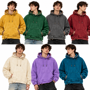 เสื้อฮู้ดดี้ทรงโอเวอร์ไซส์สีเหลืองมัสตาร์ดวินเทจสำหรับผู้ชาย มีกระเป๋าหน้า แต่งขาดแบบดิสเทรส - Product Image 6